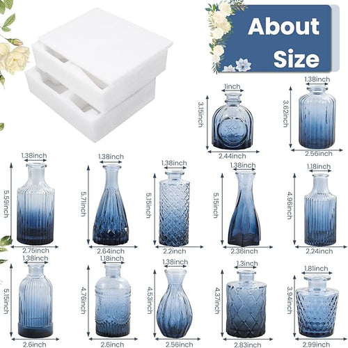 12Pcs Blue Glass Bud Vases Set