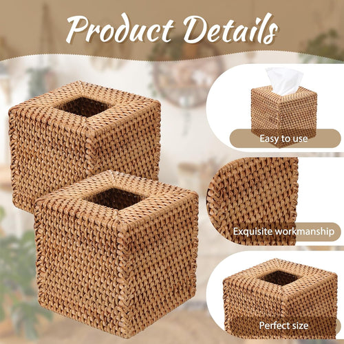 2 Pcs Rattan Tissue Box Cover Natural Woven
